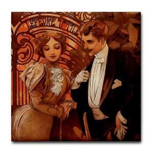 Flirt Alphonese Mucha Advertisement Fine art Tile Coaster by  
