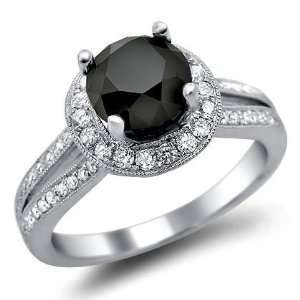  2.09ct Round Black Diamond Engagement Ring 18k White Gold 