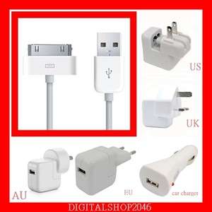   Sync Cable Charge Wall Car Charger iPhone 4 4S iPod Touch US UK EU AU