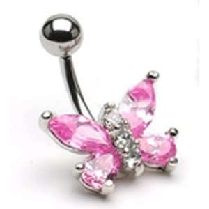  Pink & cz clear Two Tone Butterfly Belly Ring Navel 