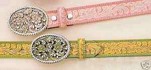Nocona~WESTERN BELT & BUCKLE~Tooled Leather/PINK/GREEN  