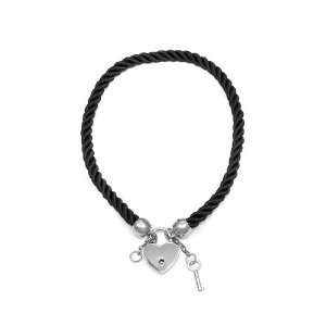  Twisted Cord Heart Padlock and Key Necklace   Black and 