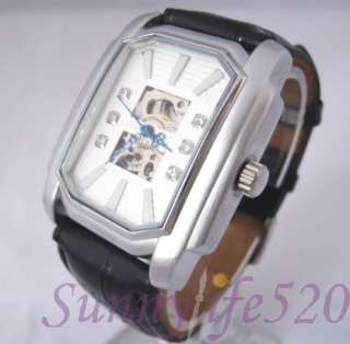 Retro Square Silver Leather Men Lady Self Winding Watch  