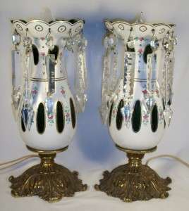 Pair of Antique Bohemian Green Cased Glass Mantle Lustre Lamps w 