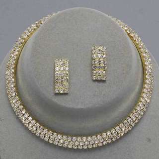 Gold Three Row Clear Rhinestone Earrings Necklace Choker Set New 8518 