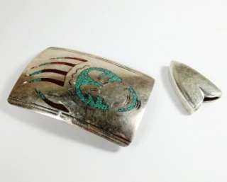   American Navajo Sterling Silver+Turquoise Belt Buckle Bear Claw Signed