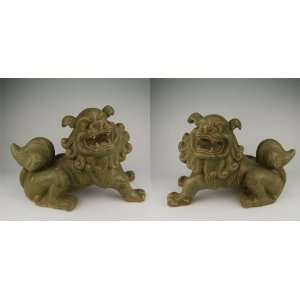 One Pair of Yaozhou Ware Porcelain Foo Dogs, Yuan Dynasty Yaozhou Ware 