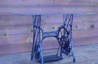 Antique Singer Treadle Sewing Machine Base w Scalloped Glass Top Table 