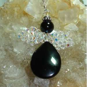  Black Onyx and Swarovski Crystals Angel Christmas Pendant 