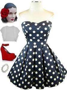 50s Style NAVY w/White POLKA DOTS Sweetheart Bust STRAPLESS PINUP Sun 