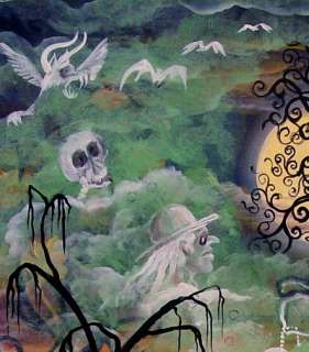 Folk Art Halloween Ghostly Manor Witch Ghost Skeleton Cats PRINT HA31 