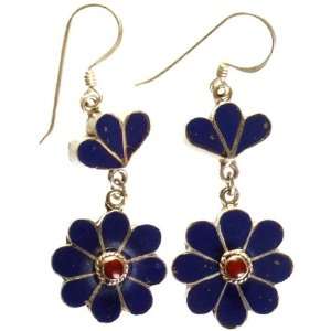 Dangling Blooming Flower Earrings with Central Coral   Sterling Silver