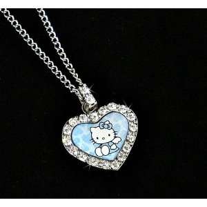   Kitty Blue Angel Wings Heart Charm Necklace w/ Czech Ice Crystals
