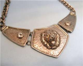 Stunning Raised Silver Lion Head Necklace 2 Crystals 3 Panels  