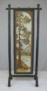 arts & crafts tree tile in forged iron mantle swing  