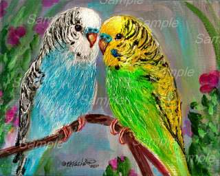 GREEN & BLUE BUDGIE GICLEE Bird Painting Flower Pet PARROT Parakeet 