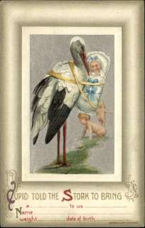 BIRTH ANNOUNCEMENT Stork Carrying Baby c1910 Frame Border Postcard 