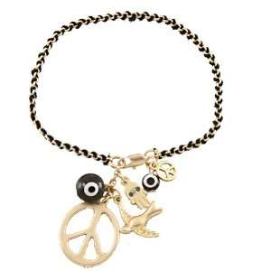 Matte Gold Plated Bracelet with Black Cord Chinese Knot and Evil Eye 