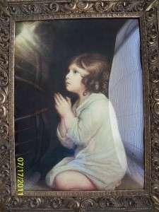 Vintage Metal Frame Convex glass girl praying Picture  