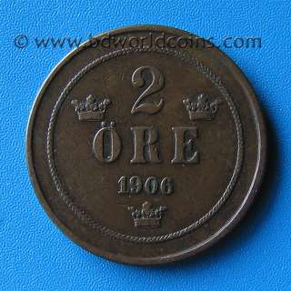 SWEDEN SWEDISH 1906 2 ORE VF 21mm Bronze coin KM# 769  