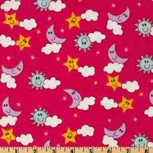  43 Wide Flannel Moon Stars & Sun Hot Pink Fabric By The 