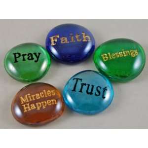   of 5 Glass Word Stones Blessings, Miracles Happen, Faith, Pray, Trust