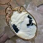 Butterfly in Lilies Blue Cameo Pendant Necklace in Tri Color Metals 