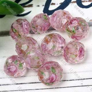 Pink Lampwork Glass Rose Flower Faceted European Bead  