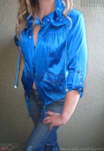 NWT$98 CACHE Turquoise Blue Satin Stretch Silk Windbreaker Jacket Top 