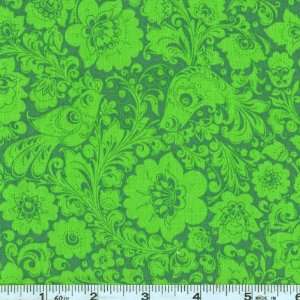  45 Wide Paulina Damask Birds Lime Fabric By The Yard 