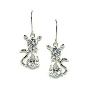   18K White Gold Plated Cute Clear White CZ Cat Dangle Earrings Jewelry