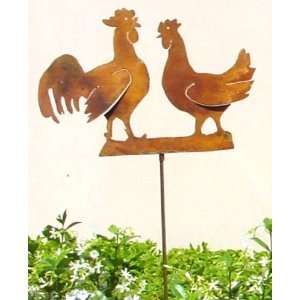  Rust Metal Sculpture Garden Stakes Yard Art Rooster & Hen 