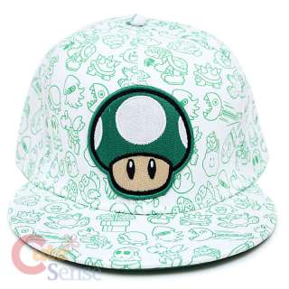 Super Mario Green Mushroom Flex Fit Hat Nintendo 1 UP Mushroom w/All 