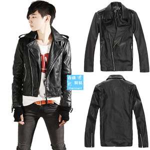 Fashion Men Casual Stand Collar Slim Fit Zip Faux Leather Jacket Black 