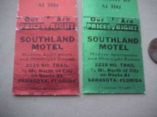 1950s Era Sarasota,Florida Southland Motel 2 matchbook set On Route 41 
