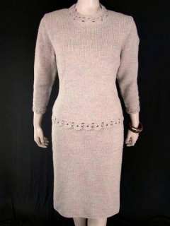 VTG 60s WOOL Knit Crochet Trim 2 Piece Dress Pencil Skirt Suit Outfit 