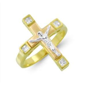  14k Solid Yellow Gold Ladies Men Band Cross Crucifix Ring 