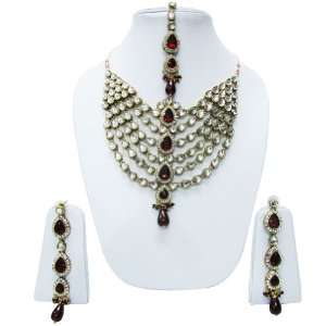   Maroon Kundan Necklace Earring Set Indian Bridal Jewelry Jewelry