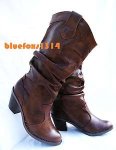 Women Cowboy Slouchy LmitLeather Mid Calf Comfort Boots  