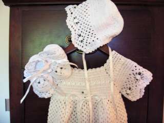 Crochet Baby Bonnet Booties Christening Gown Dress Set  