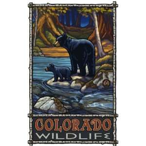 Northwest Art Mall Colorado Wildlife Bear and Cub in Stream Painting 