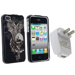  Skull Wing Snap on Case + USB Travel Charger Adapter White 