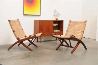 1950s Danish Modern TEAK Cane Lounge Chairs Hans Wegner Mid Century 