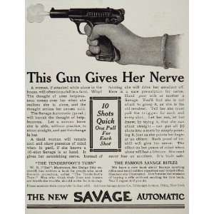 1910 Savage Automatic 10 Shot Gun Gives Her Nerve Ad   Original Print 