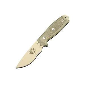  ESEE 3 Serr. Tan Blade w/ Green Micarta 