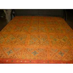  India Vintage Sari Beaded Bedspreads Orange Tapestry King 