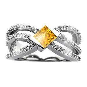  Crown Princess Cut 14K White Gold Ring with Fancy Orange 
