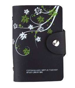   Leather Black Green Flower Name ID Card Cards Case Holder Wallet Bag