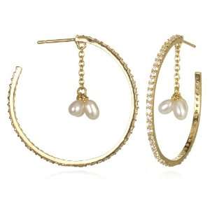   CZ Hoop Earring with Dangled Pearl in Gold Plate CHELINE Jewelry