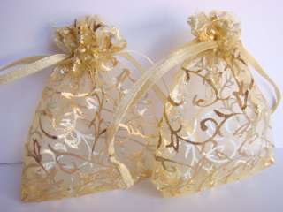 Gold Salix Leaves Organza Wedding Favor Gift Bags Pouch  